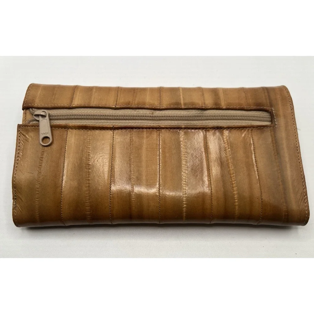 Womens Genuine Eel Skin Wallet Camel Tan Trifold Leather Checkbook Vintage Korea